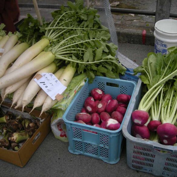 Vegetables for sale outdoors, including daikon
