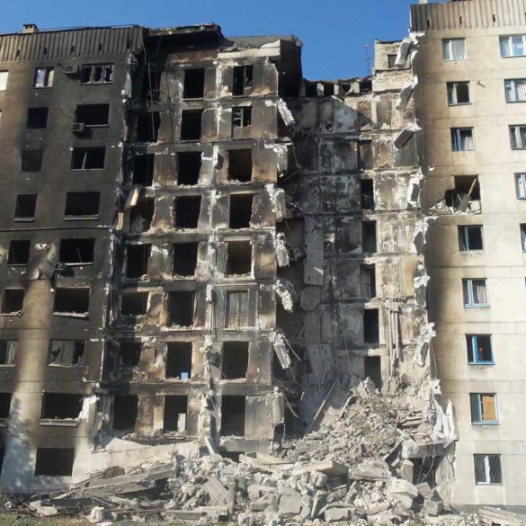 Bombed apartment building in Donbas, Ukraine