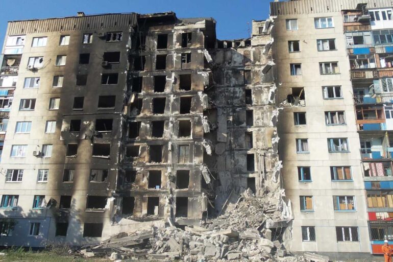 Bombed apartment building in Donbas, Ukraine