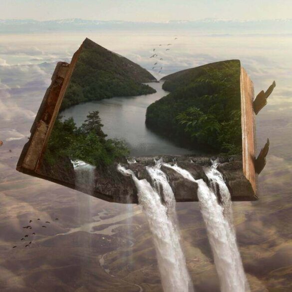 book with a river and waterfall flowing out of the pages