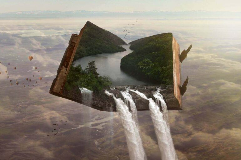 book with a river and waterfall flowing out of the pages