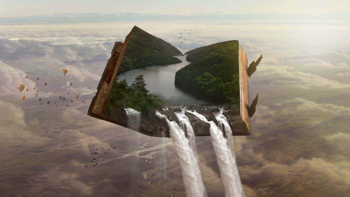 DREAMS TO WAKE UP TO: Various types of dreams and what they want to tell us 13 book with a river and waterfall flowing out of the pages