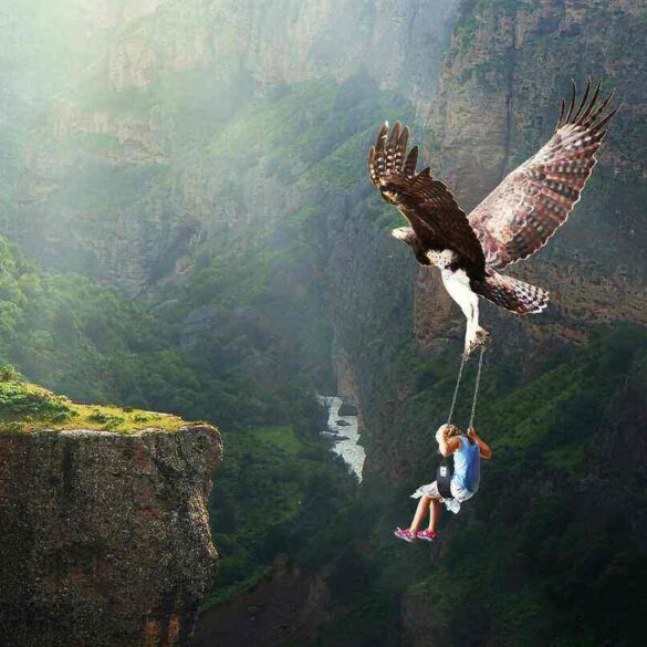 owl carrying young girl over an abyss