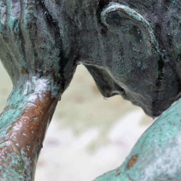 statue of a man with head in hand - photo mix of a woman talking to herself - desk with writing book, pens and clock - Get in Touch With Your (Inner) Life Therapist in 5 Steps