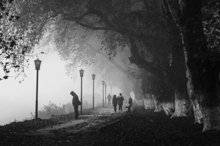 Greyscale image of people walking in park - 5 Poems, Including "In My Younger Days" and "The Park in Stages"