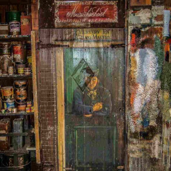 old museum with an old woman looking through the door
