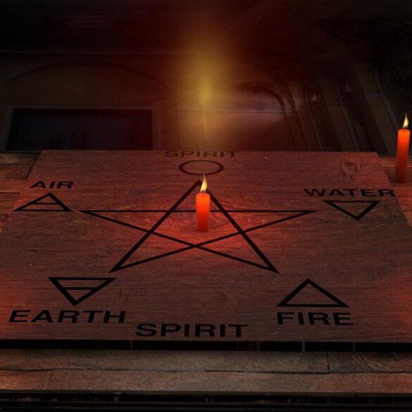 Candles next to the five elements (earth, fire, water, air, spirit) on a pentagram - Bewitching the Elements: A guide to living a witchy life
