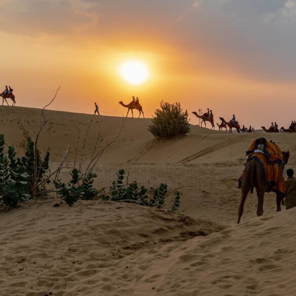 Camel ride across sand in Jaisalmer area of Thar Desert