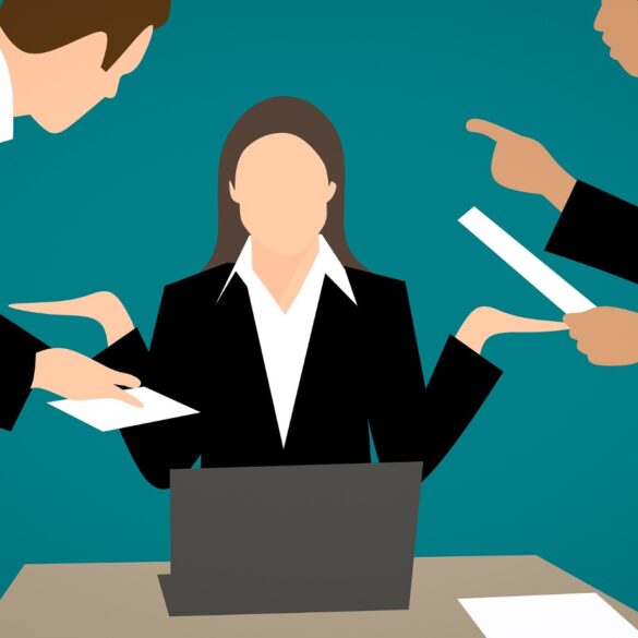 Illustration of one angry businesswoman at desk with two angry businessmen yelling at her - MINDFUL BUSINESS LEADERSHIP: 3 crucial communication practices