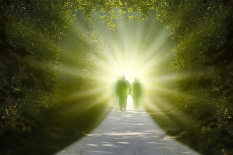 A couple of shadowy people walking a path to Paradise - Death Without Suffering—For Every Living Creature