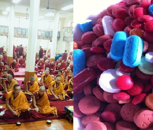 Composite photo with meditating Buddhist monks on one side and pharmaceutical pills on the other - On Pain: Reflections After a Week With 2 Painful Root Canals
