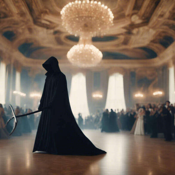 AI image of The Grim Reaper in a ballroom alone on the dance floor - Dancing With Death in the Grand Ballroom of Existence
