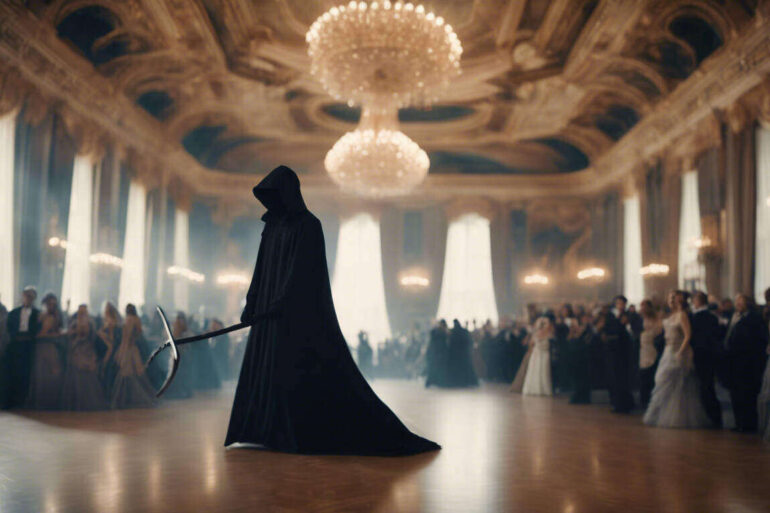 AI image of The Grim Reaper in a ballroom alone on the dance floor - Dancing With Death in the Grand Ballroom of Existence