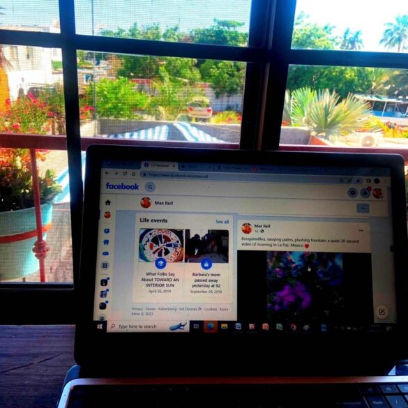Facebook on laptop in La Paz hotel room - NIGHT SEA JOURNEY: Buying back sanity in La Paz, Mexico