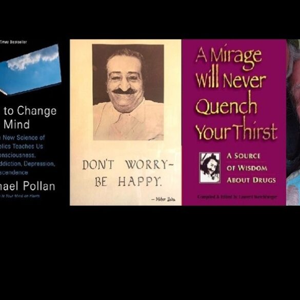 Composite photo of book covers and images that relate to psychedelics, including photos of Ram Dass and Meher Baba