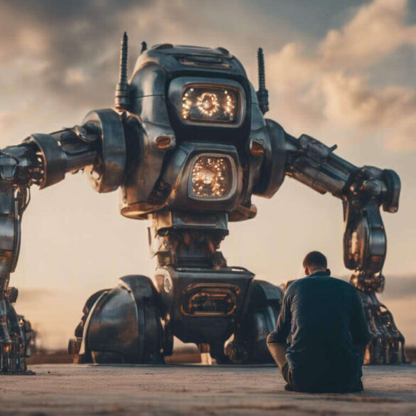Man on his knees in front of a robot - 2 Views of AI: Is It a God or a Powerful Tool?