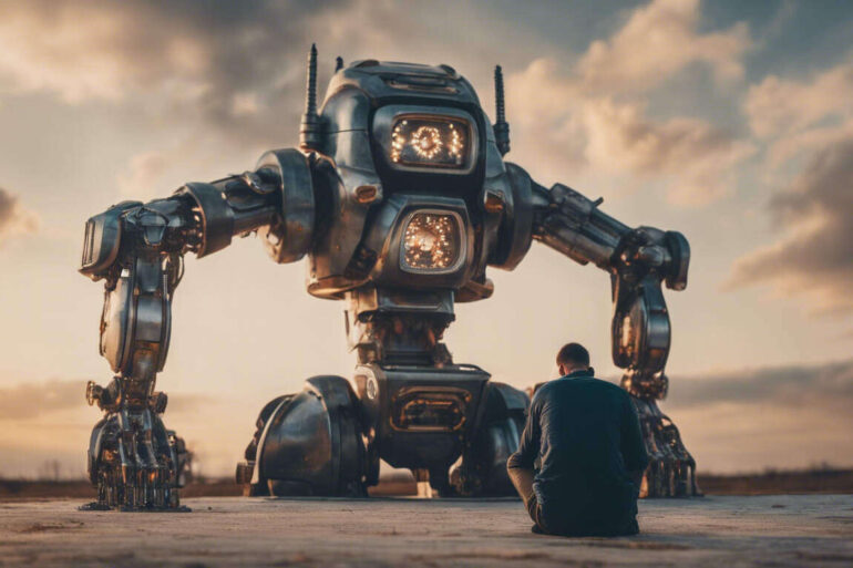 Man on his knees in front of a robot - 2 Views of AI: Is It a God or a Powerful Tool?