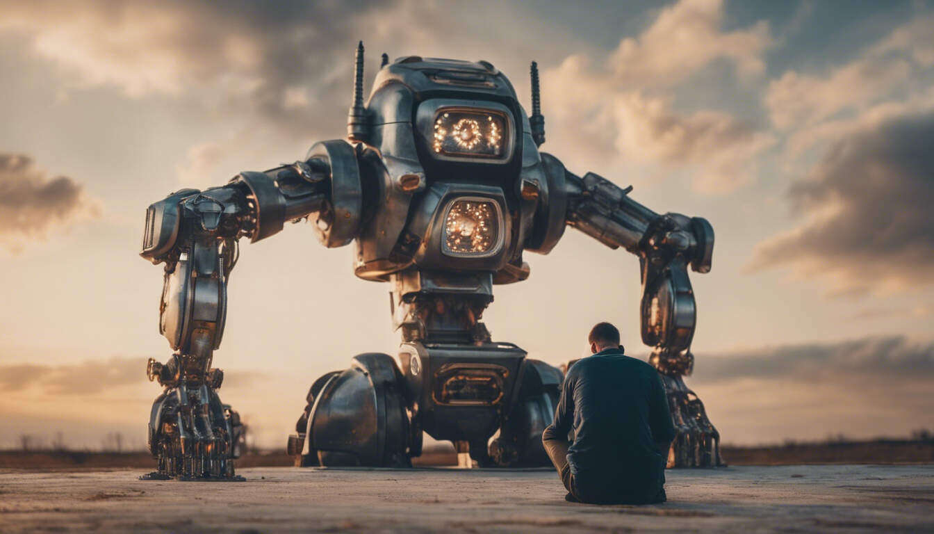 AI: A god or a tool? 13 Man on his knees in front of a robot - 2 Views of AI: Is It a God or a Powerful Tool?