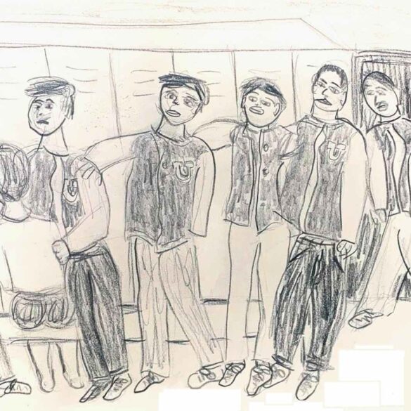 Drawing by Max Reif of high school lettermen in jackets
