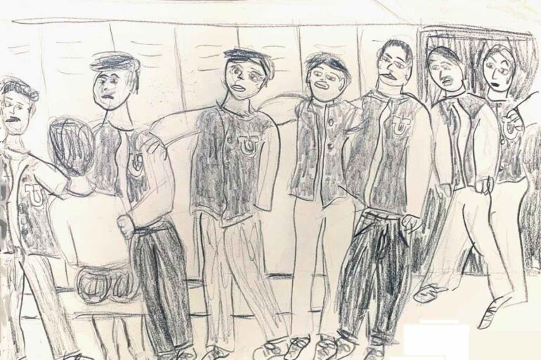 "BIG DREAM" AT AGE 21: Larger-than-life, and its symbols continue to unfold in meaning 16 Drawing by Max Reif of high school lettermen in jackets