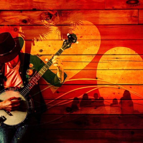 Man playing banjo with hearts in background