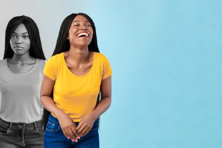 RELEASE YOUR EMOTIONAL PRISONERS: The first step in meditation teacher Barry Long's guide 25 Happy young woman with sad version of same woman behind her - A Spiritual Teacher’s Guide to Releasing Emotional Prisoners