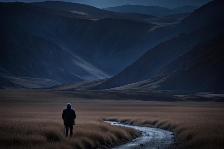 WELCOME TO THE PATH: Travel with gratitude and compassion to the summit of self-realization 18 Man on path towards mountains with moon above - Welcome to the Path—of Self-Realization and Spiritual Growth