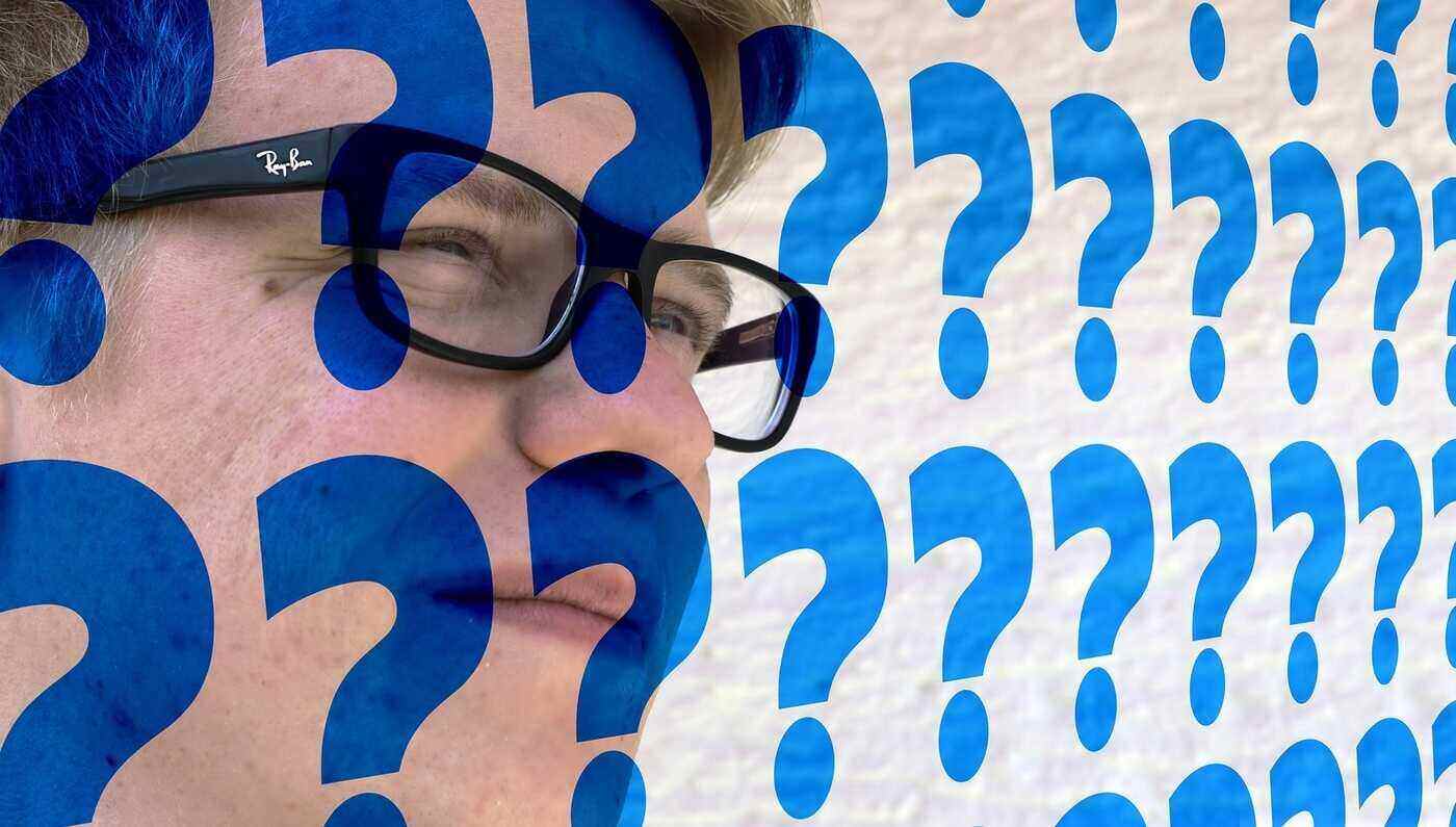 UNCERTAINTY IS MY FRIEND: Coming to grips with an ever-changing world 13 man's face covered in question marks - Stay Grateful for Uncertainty in an Ever-Changing World