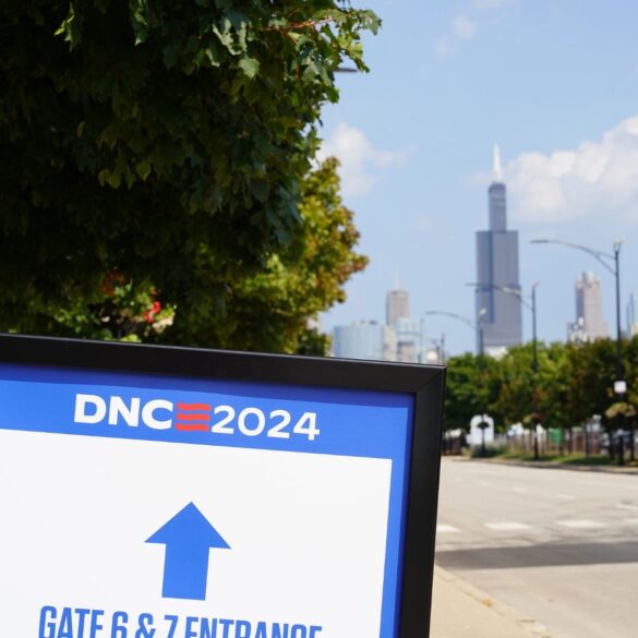 Sign outdoors at Democratic National Convention (DNC) 2024 - America’s Foundational Values: Is Harris Our Guiding Light?