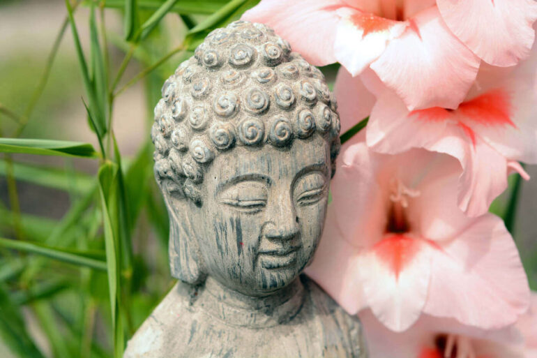 Buddha statue next to pink flower - Create Karma: What Karma Is and How to Affect Your Own
