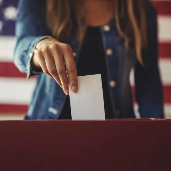 Woman putting vote in ballot box with American flag behind her - Compassion Heals: How Mindfulness Can Help Direct America