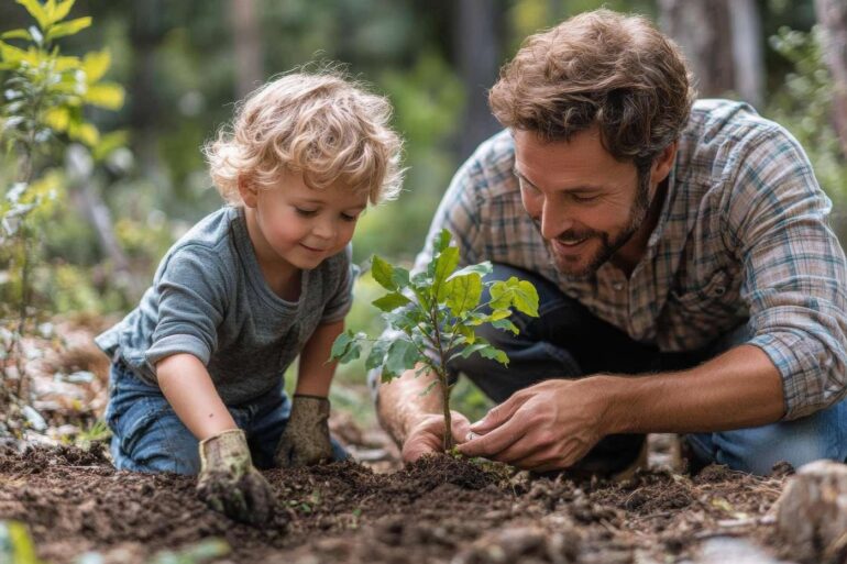 Father and young son planting garden outdoors - Hope and Faith: How to Be a Good Parent in Uncertain Times