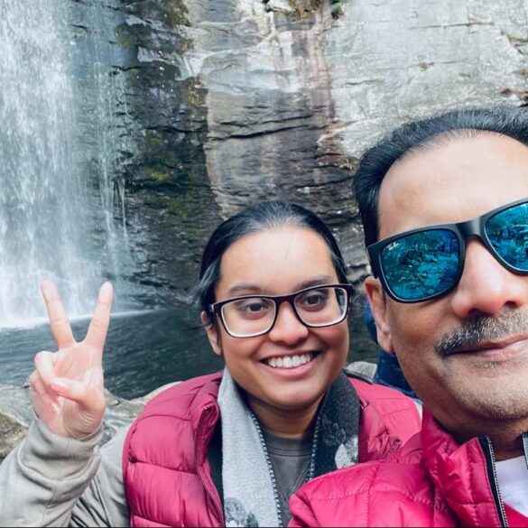 Looking Glass Falls in North Carolina - Samia Mehbub and father in front of falls
