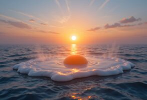 Fried egg floating in ocean at sunset - Indulge Mindfully: 3 Life Lessons My Breakfast Taught Me