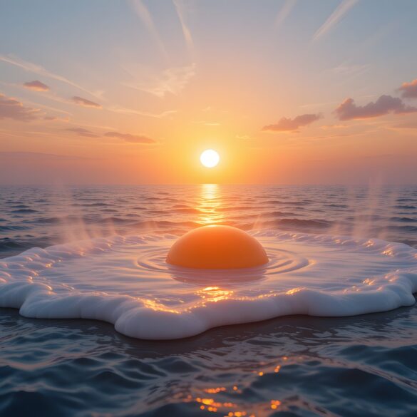 Fried egg floating in ocean at sunset - Indulge Mindfully: 3 Life Lessons My Breakfast Taught Me