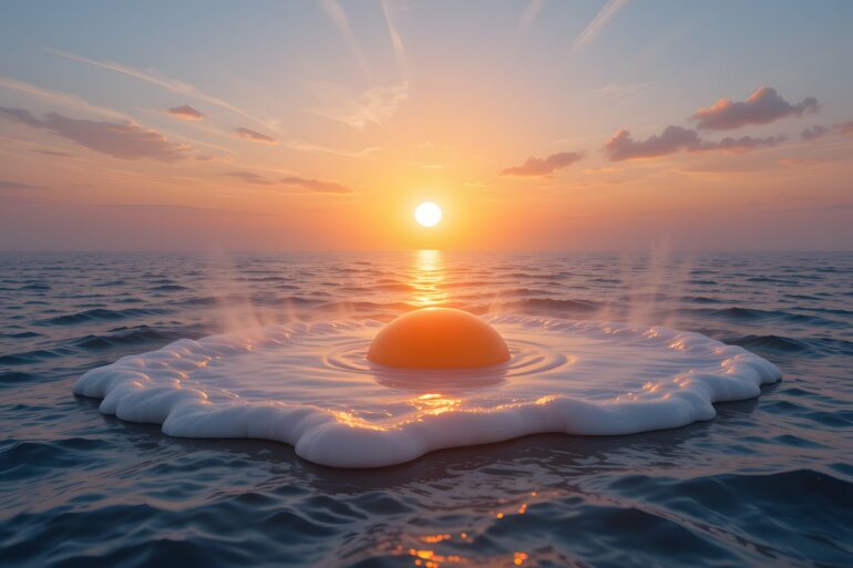 Fried egg floating in ocean at sunset - Indulge Mindfully: 3 Life Lessons My Breakfast Taught Me