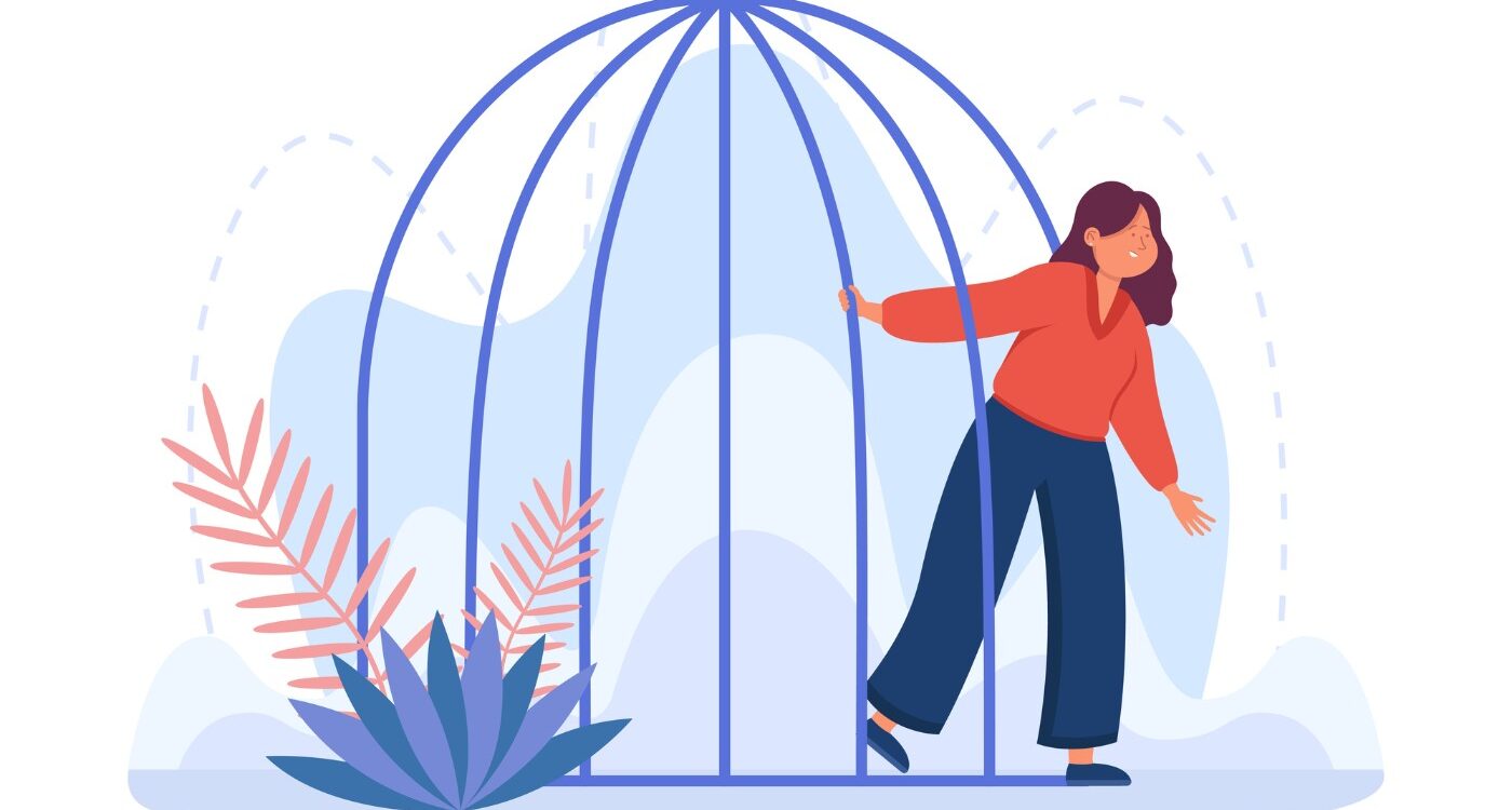 Illustration of woman stepping out of birdcage - Step Out of the Comparison Trap and Make Peace With Yourself