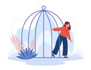 Illustration of woman stepping out of birdcage - Step Out of the Comparison Trap and Make Peace With Yourself