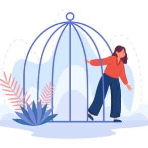 Illustration of woman stepping out of birdcage - Step Out of the Comparison Trap and Make Peace With Yourself