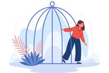 Illustration of woman stepping out of birdcage - Step Out of the Comparison Trap and Make Peace With Yourself