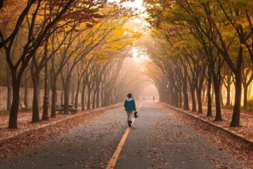 Woman walking down road with gold and green trees - "My Daily Walk" and 4 More Authentic Poems About the World