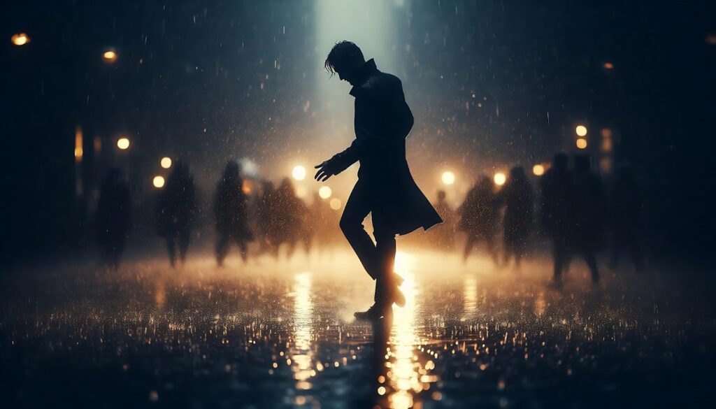 Man dancing in rainy street at night with other people in background - Understanding and Interpretation: What’s the Big Difference?