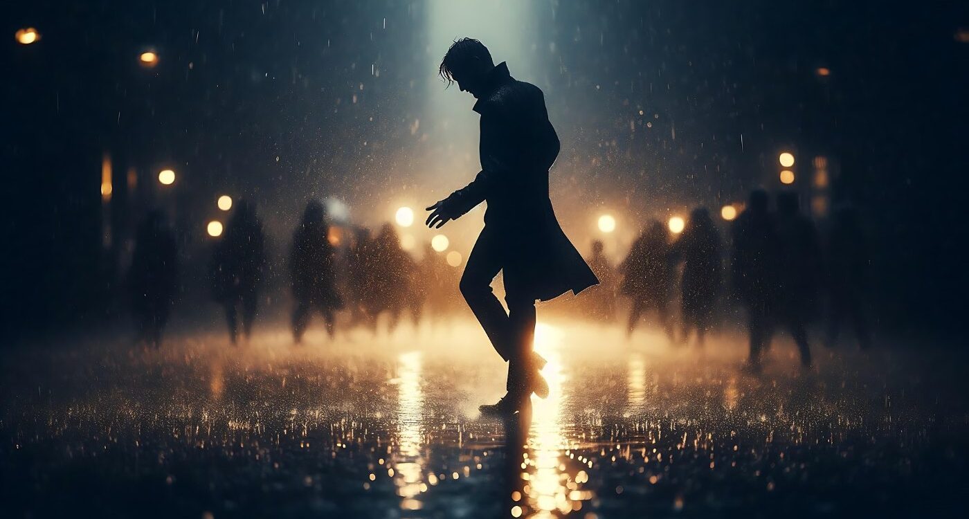 Man dancing in rainy street at night with other people in background - Understanding and Interpretation: What’s the Big Difference?