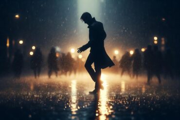 Man dancing in rainy street at night with other people in background - Understanding and Interpretation: What’s the Big Difference?